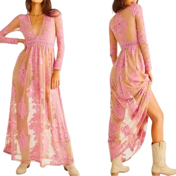 NWT For Love & Lemons Dress Temecula Pink Embroidered Maxi Size M - Picture 3 of 8